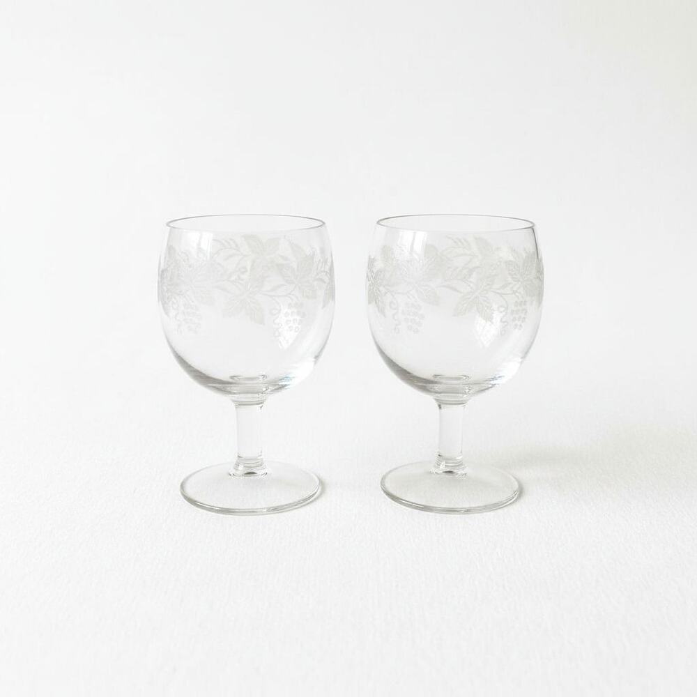 Vintage Etched Goblets MCM Barware Grapevine Pattern Gold Rim Two Piece